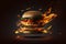 illustration of levitating burger on fire on black background, Generative AI