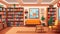 Illustration of a library room with many book and bookshelves and sitting area