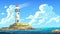 An illustration of a lighthouse on a rock island in the sea. Modern cartoon illustration of a summer landscape along the
