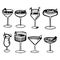 illustration, line art set of glasses with cocktails, alcohol, icons