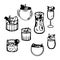 illustration, line art set of glasses with cocktails, alcohol, icons