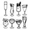 illustration, line art set of glasses with cocktails, alcohol, icons