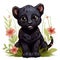 Illustration of a little black panther with flowers around on a white background.