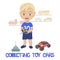 Illustration of little boy standing in front of miniature trains and cars on wall and next to toys on floor