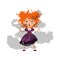 Illustration of little disheveled and soiled red-haired girl witch after the explosion of the potion. Kid character in