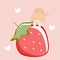 Illustration.A little girl looks out from behind a large strawberry berry .Pink background, small white hearts on the