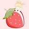Illustration .A little girl peeking out from behind a large strawberry berry .Pink background