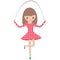 Illustration of a little girl in a red dress playing a skipping