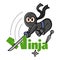 Illustration of a little jumping funny chibi ninja. Ninja Samurai Warrior Fighter Character Cartoon. Design for print, t-shirt.