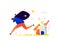 Illustration of a little man running away with investor income. The thief stole the capital. Vector. Metaphor. The rise and fall o