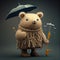 Illustration of a little miniature bear, standing on a rain. Generative AI