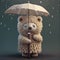 Illustration of a little miniature bear, standing on a rain. Generative AI