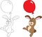 Before and after illustration of a little rabbit, with a balloon, floating, in color and contour, for coloring book or Easter card