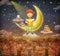 Illustration of little young ginger boy reading a book on moon