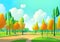 Illustration of a Lively Park: Green and Orange Trees, Blue Sky with White Clouds