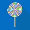 Illustration, lollipop, realistic multicolored spiral candy on a blue background. Children\\\'s print, holiday decor