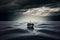 Illustration of lone boat out at sea under dark sky