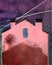 Illustration Lonely pink house next to the Milky Way galaxy. summer california