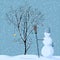 Illustration of lonely snowman near tree.