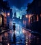 Illustration, lonely walk, early evening rain,