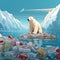 Illustration of lonely white bear on iceberg, surrounded by garbage and plastic bottles floating on water