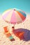 Illustration of a lounge chair under an umbrella on the beach. Summer concept.