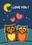 Illustration Love. 2 Cute owls in love. Be My Valentine. Valentine card I Love YOU, Be My Valentine.