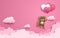 Illustration of love and valentine day, Realistic cute happy baby bear with air heart shape balloon flying on the pink sky. Weddin