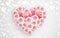 Illustration of luxurious white and pink roses in the shape of a heart, text Love. Shining glitter bokeh background, banner,