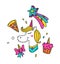 Illustration of a magical unicorn with a yellow mane. Vector. Cartoon hero cute horse with a horn. Kawaii character. Existing myth