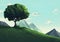 An Illustration of a Magnificent Mountain Scene With Large Green Tree