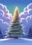 Illustration of Majestic Christmas Tree Amidst Snowy Landscape with Gifts