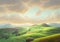 An illustration of Majestic Dawn Landscape with Rolling Hills and Dramatic Clouds