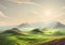 An illustration of Majestic Dawn Landscape with Rolling Hills, Mountains and Dramatic Clouds