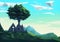 Illustration of a Majestic Green Tree in a Scenic Mountain Landscape with Old Ruins