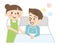 Illustration of a male caregiver lying in bed and a female caregiver caring for him