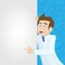 Illustration with Male doctor in a lab coat points to a blank banner on a blue background with icons on a theme medicine