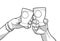 Illustration of male and female hands raising glasses with blank signs. Cheers