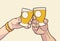 Illustration of male and female hands raising glasses with blank signs in vintage colors. Cheers