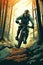 illustration of man on bike at nature, extreme bicycle sport at mountain and forest, generative AI