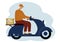 Illustration of a man delivery man riding a scooter with a box