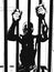 Illustration of man in jail with hands holding prison bars