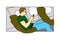 Illustration of a man on a plane with a mobile phone in his hand. Interesting journey with a gadget