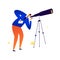 Illustration of a man with a telescope. Vector. Astronomer examines the stars. Search for people. Recruitment Manager.