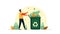 Illustration of man throwing a bag with trash in recycling bin green recycling container waste container on white