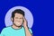 illustration of a man who has a headache and is dizzy thinking about his household needs on blue background