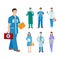 Illustration of a man and woman in blue coat. Flat style different doctors characters. Professional cartoon pediatrician