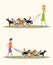 Illustration with a man and a woman walking many dogs