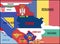 Illustration of a map of Serbia, Kosovo and neighboring countries with national flags. Conflict in the Balkans, Serbia and Kosovo