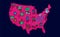 Illustration of a map of the United States with state names in bright pink color. Travel to States and places of